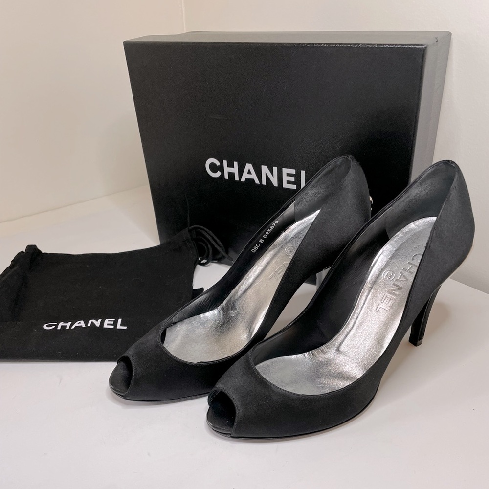 CHANEL Black satin silver CC logo peep-toe pumps
